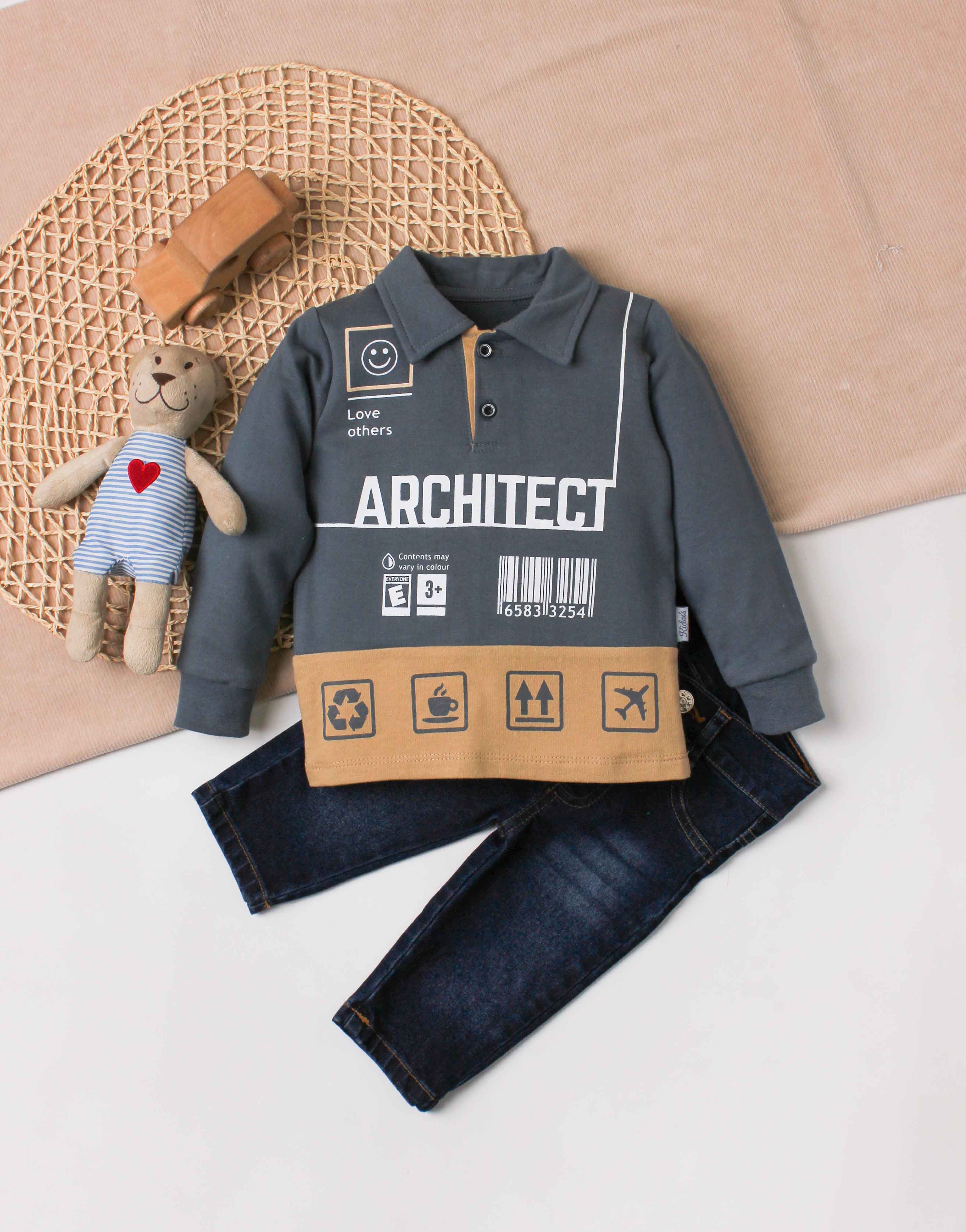 Erkek Bebek Architect Baskılı Polo Yaka Sweatshirtlü Kot Pantolonlu 2'li Takım 9 24 Ay